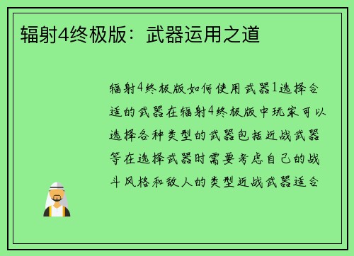 辐射4终极版：武器运用之道